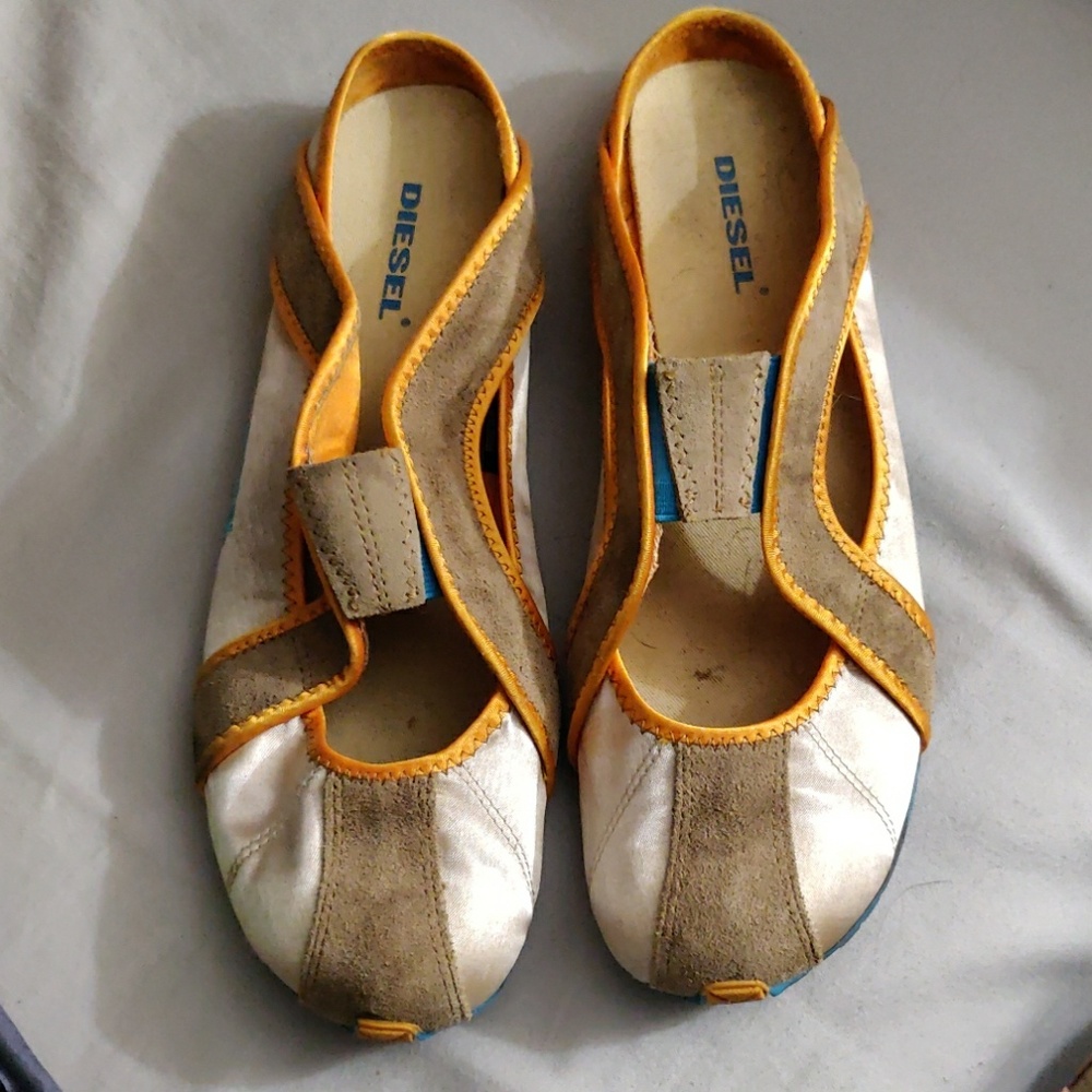 Diesel satin & suede slides, orange, cream, sz 10
